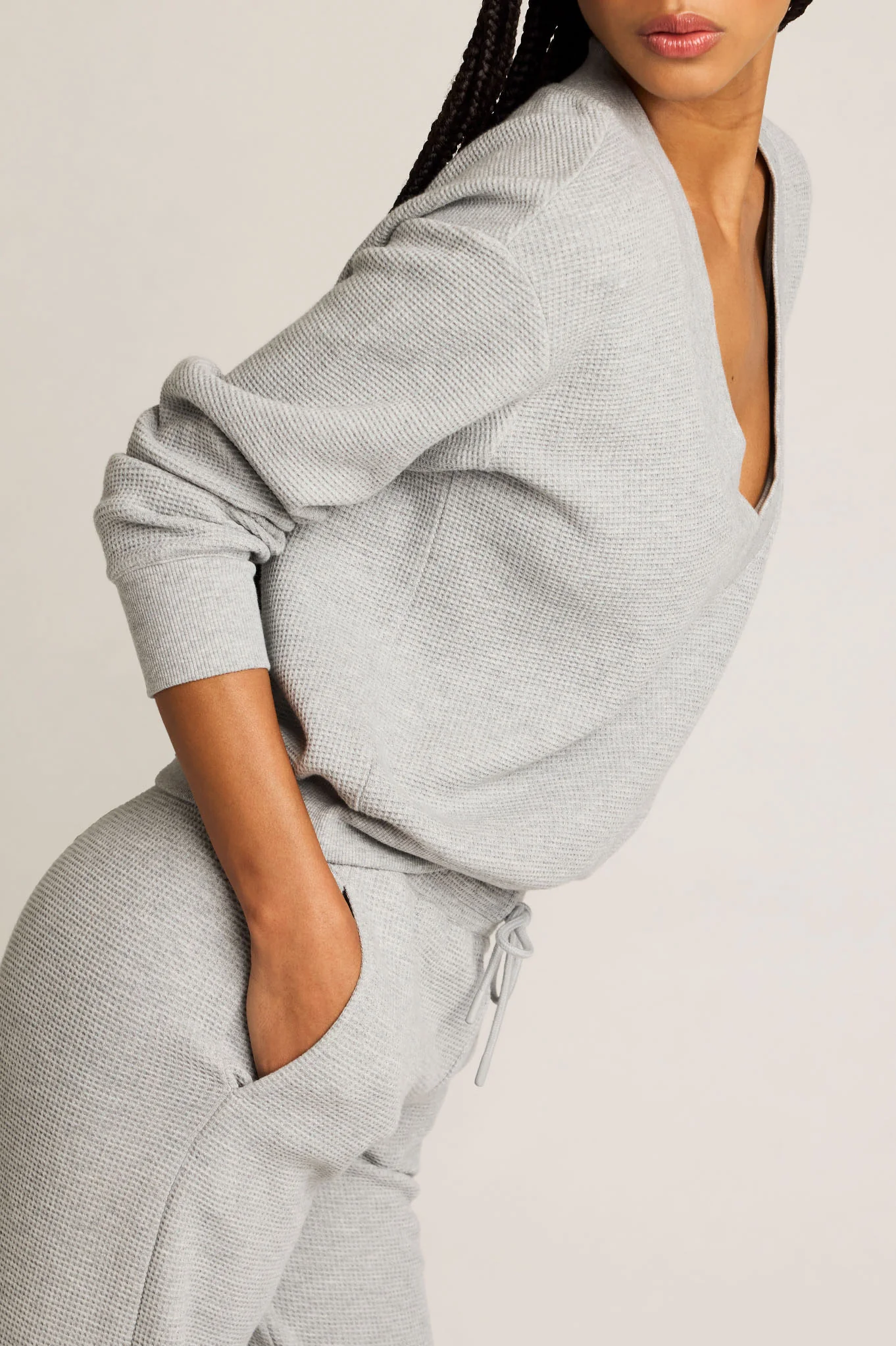 Waffle Knit Deep V in Heather Grey - Image 3