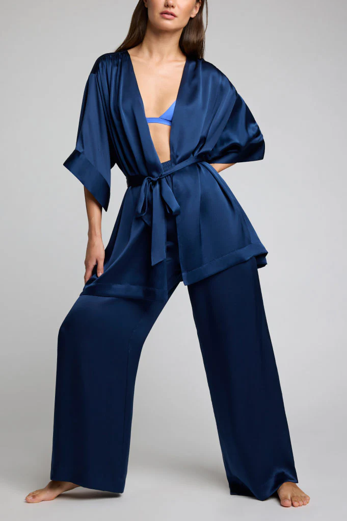 Eclipse Washable Silk Mini Robe in Navy - Image 3