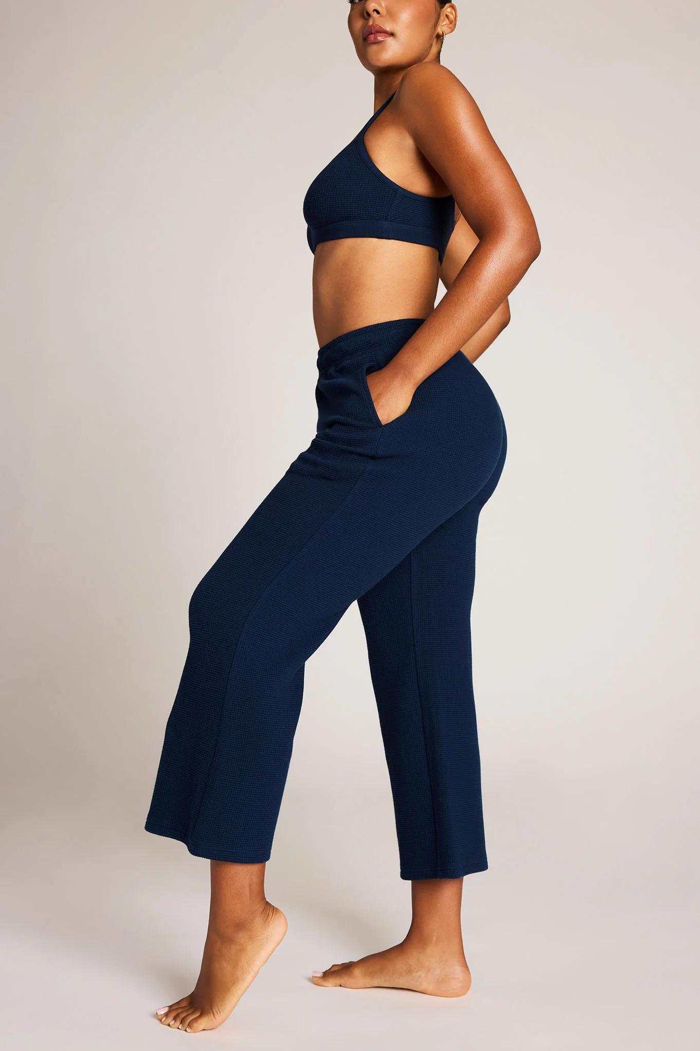 Waffle Knit Cropped Track Pant in Navy - Image 2